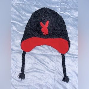 Women's Vintage Black & Red Knit Playboy Beanie w/ Braided Tassels.